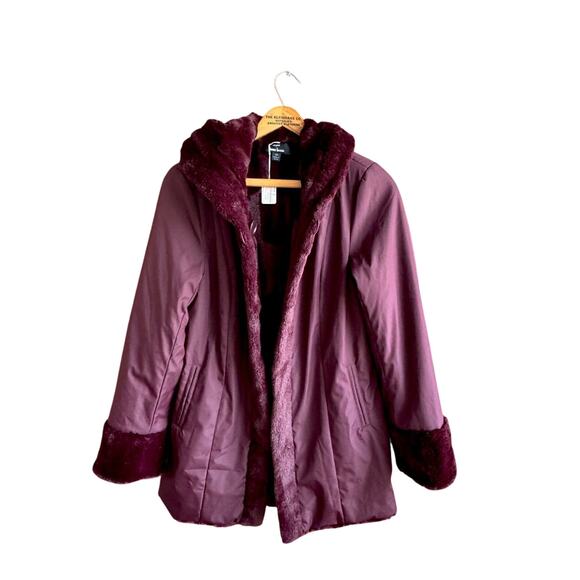 Dennis Basso Reversible H20 resistant-Faux Fur winter Coat Burgundy Womens XS-S - Picture 2 of 9
